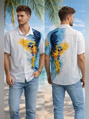 Men’s Tropical Parrot Button-Up Shirt | Short Sleeve Graphic Shirt - 2X